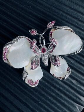 Mother of Pearl & Pink Crystal Butterfly Brooch - Women's Jewelry